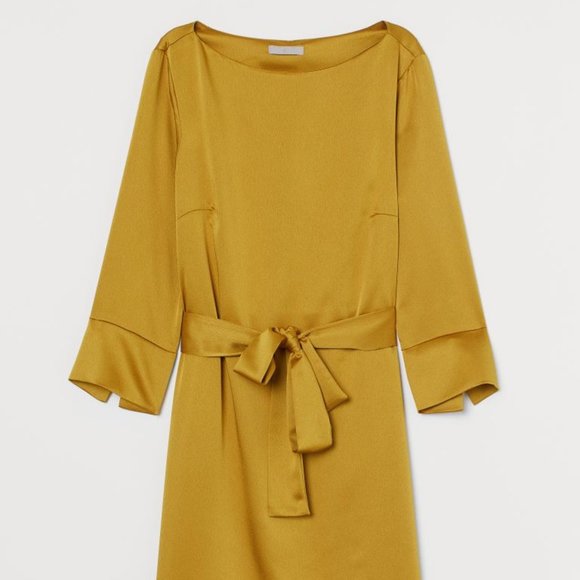 Fall Gold Satin Dress with Tie Belt Detail - Picture 2 of 5